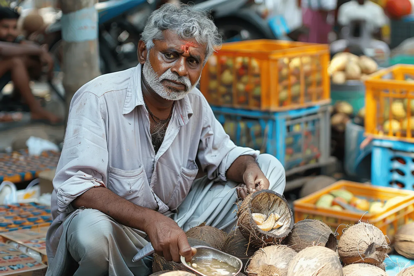 A middle-aged man peels coconuts while seated at an Indian market stall, surrounded by coconut shells and colorful crates.