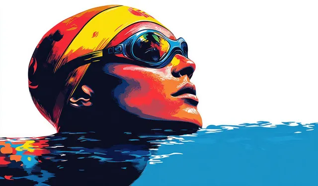 A focused swimmer emerges from blue water, wearing reflective goggles and a bright yellow swim cap.