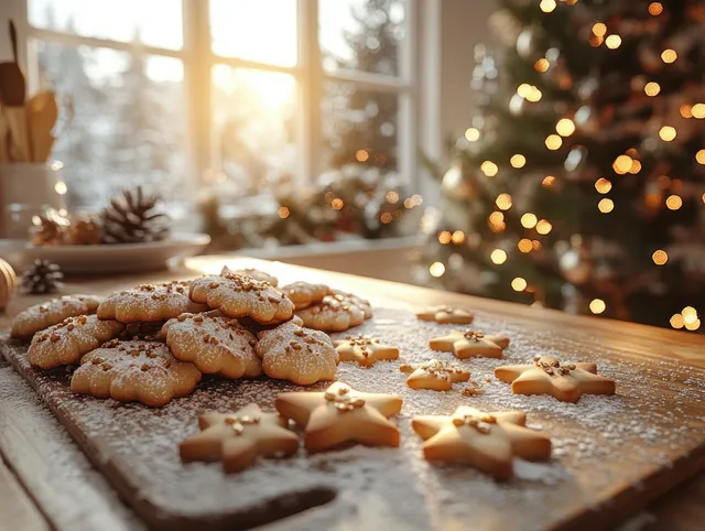 Christmas cookie baking on wooden board near minimalist kitchen window glow