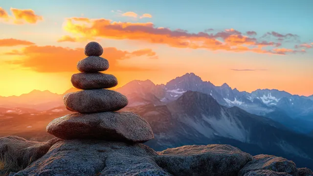 Balanced stones sit atop a rocky ridge while sunset clouds and distant mountains fill the horizon.