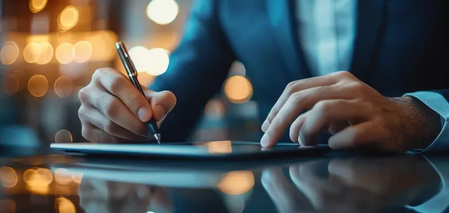 Businessman’s hands write on a tablet with a stylus while a laptop sits on an office desk.