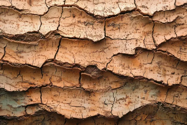 Close-up of cracked layered tree bark with peeling plates in brown and gray tones.