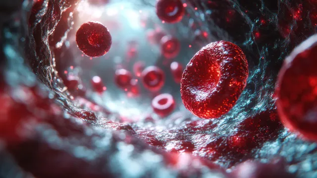Red blood cells move through a glowing artery lumen with surrounding micro particles in a microscopy-like render.