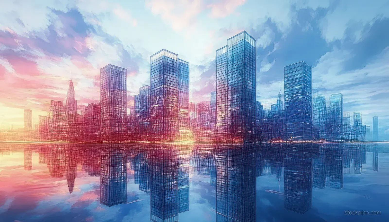 Futuristic city skyline at sunset with reflective water and faint blueprint lines over glass towers.