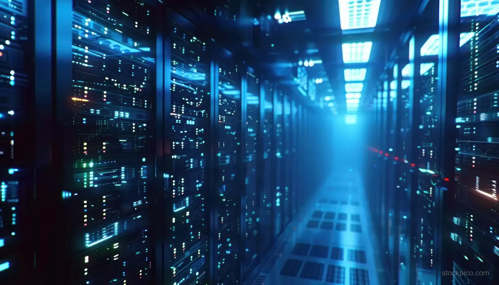 A long corridor in a futuristic data center lined with illuminated blue server racks, showcasing advanced IT infrastructure.