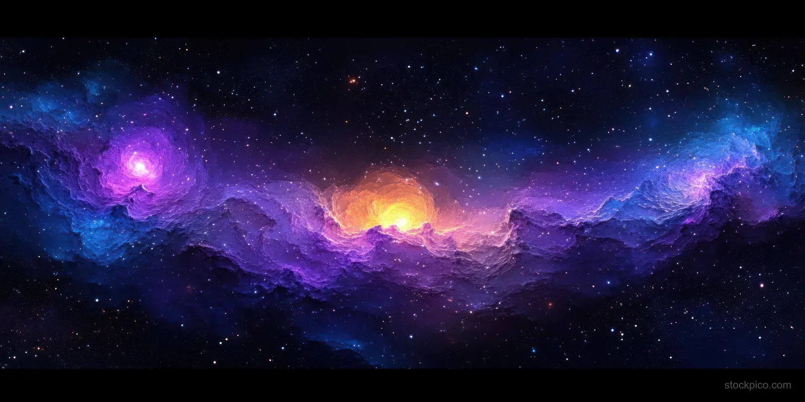 A panoramic cosmic scene shows glowing purple and blue nebula clouds swirling over a dense starfield at night.