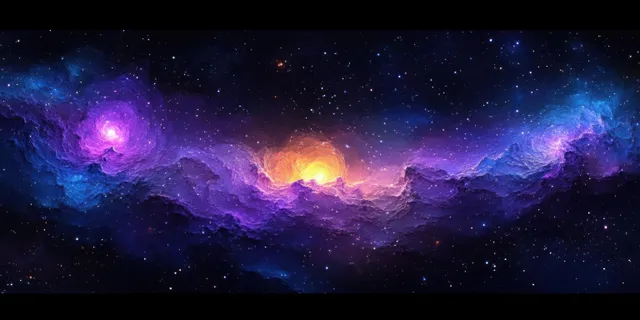 Swirling galaxies and nebula clouds stretch across a star-filled cosmic landscape at night