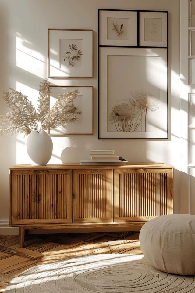 A wooden sideboard with framed poster prints in a sunlit Scandinavian interior, with soft window shadows and a sofa nearby.