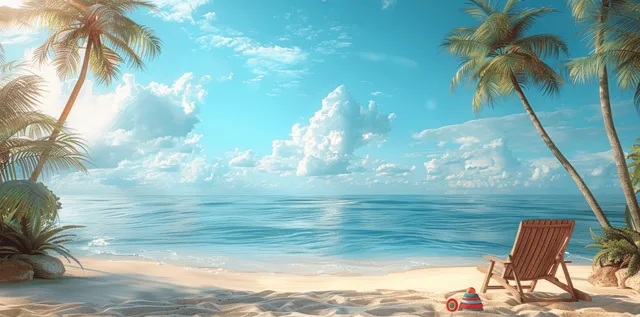 3D tropical beach scene with palm trees, a deck chair, small toys on sand, and a blue banner.