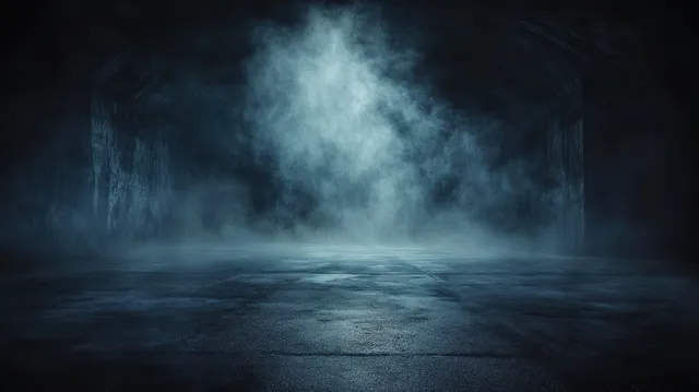 Foggy concrete floor beneath dark ceiling light, eerie shadows and misty atmosphere