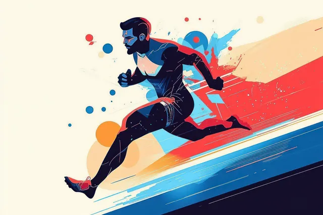 A stylized runner sprints on a track with red blue orange splashes behind the figure.