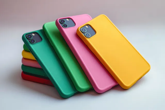 Stack of colorful smartphones with protective cases in yellow, pink, green, teal