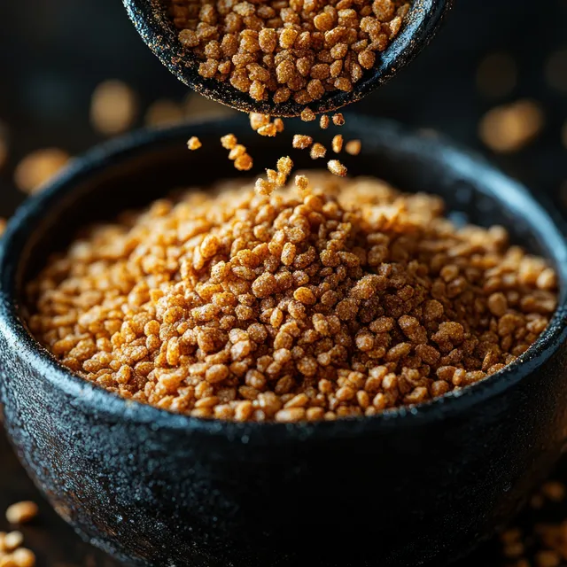 Brown granules pour into a textured black bowl while extra grains fall through dark blurred background.