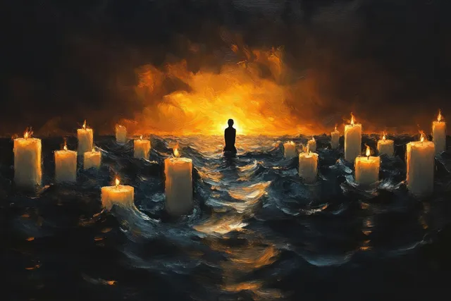A candle surrounded silhouette stands in dark ocean waves before a glowing fiery horizon.