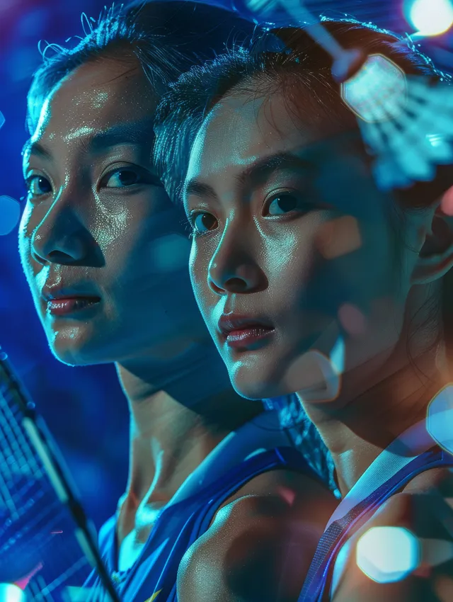 Two Malaysian women badminton players hold racquets in a tense rally under blue neon stadium lights.
