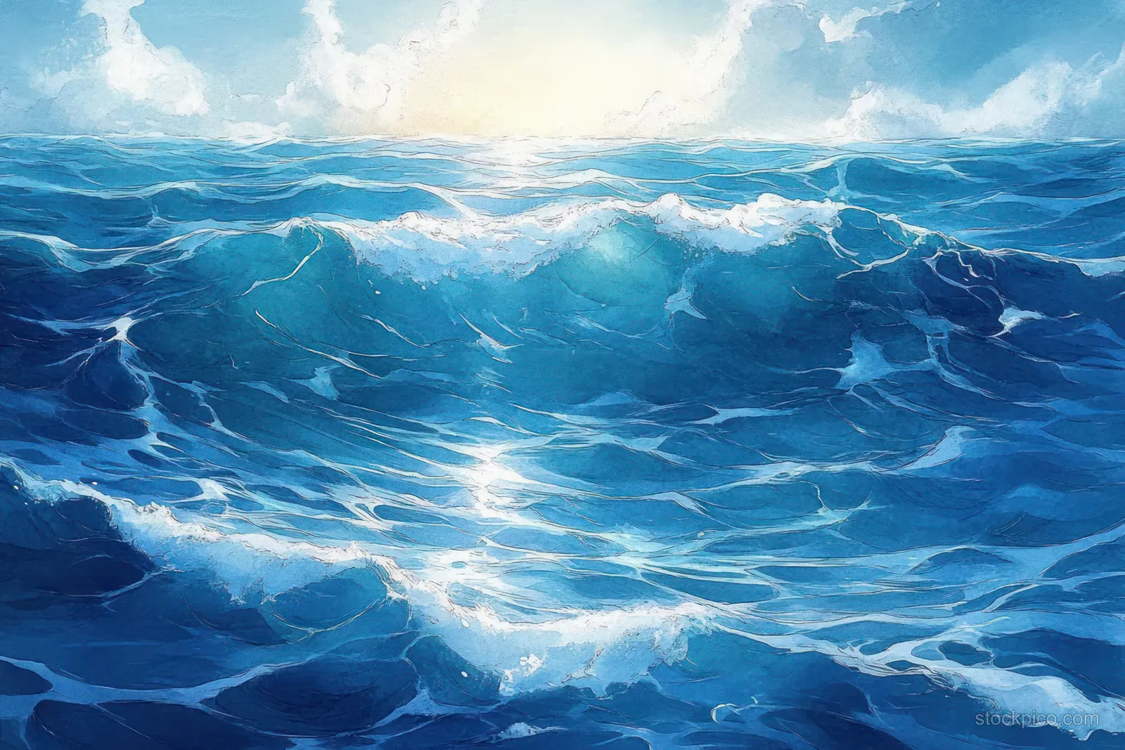 Sunlit turquoise ocean waves with foamy crests and watercolor ripples across the sea surface.