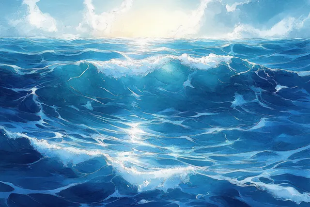 Sunlit ocean waves painted in watercolor, turquoise ripples and foam texture