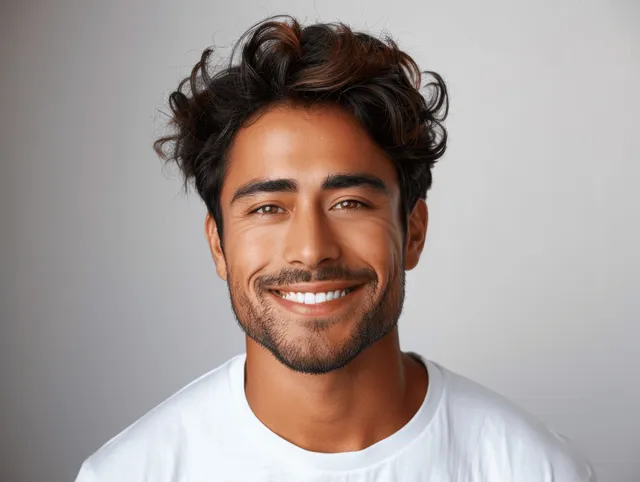 Young man smiling with visible clean teeth in a close-up portrait on a plain white background.