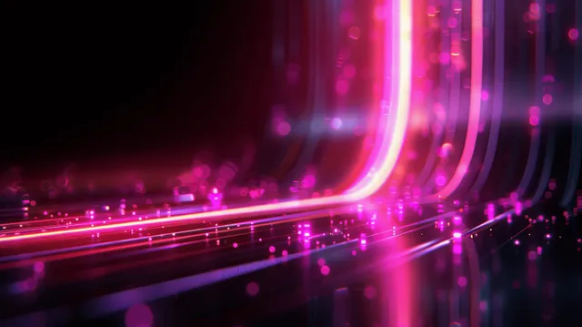 Futuristic 3D abstract background with neon pink and purple glowing lines on a dark black backdrop.