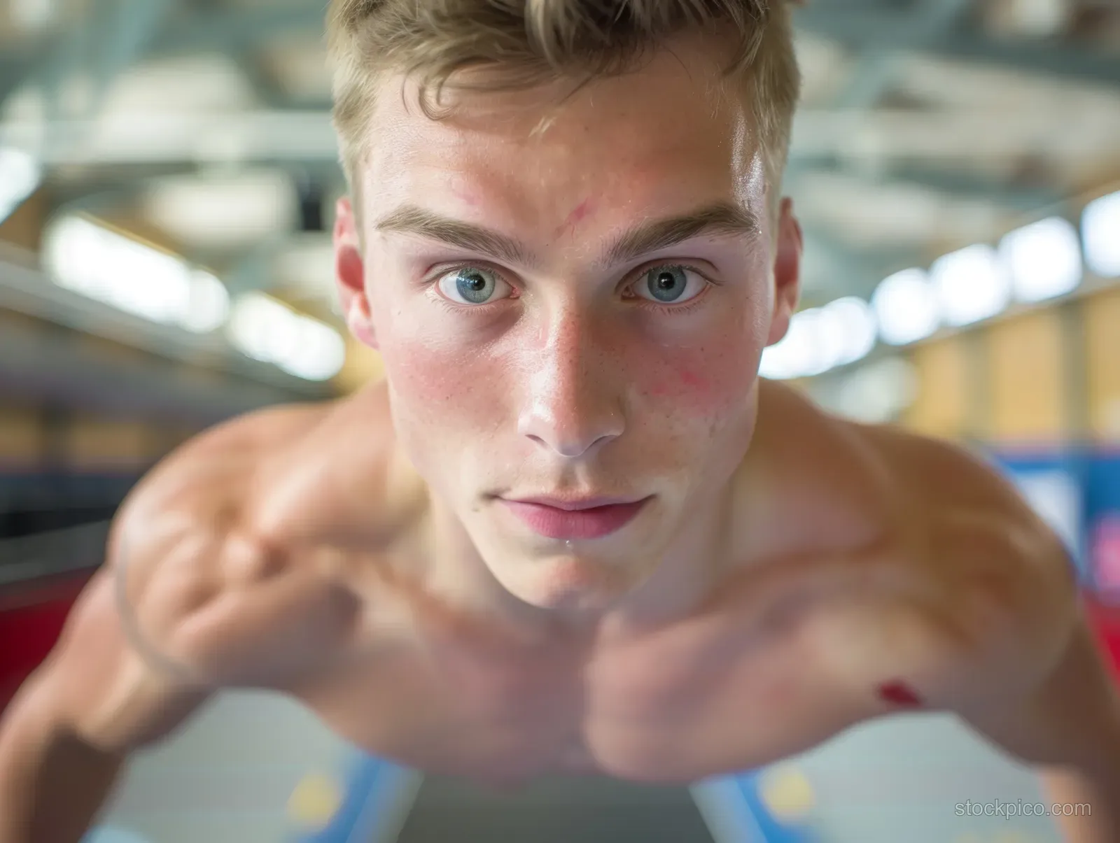 A Canadian male gymnast prepares for a trampoline jump with arms forward inside an indoor sports facility.
