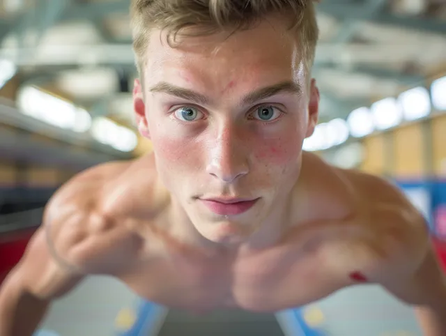 A Canadian male gymnast prepares for a trampoline jump with arms forward inside an indoor sports facility.