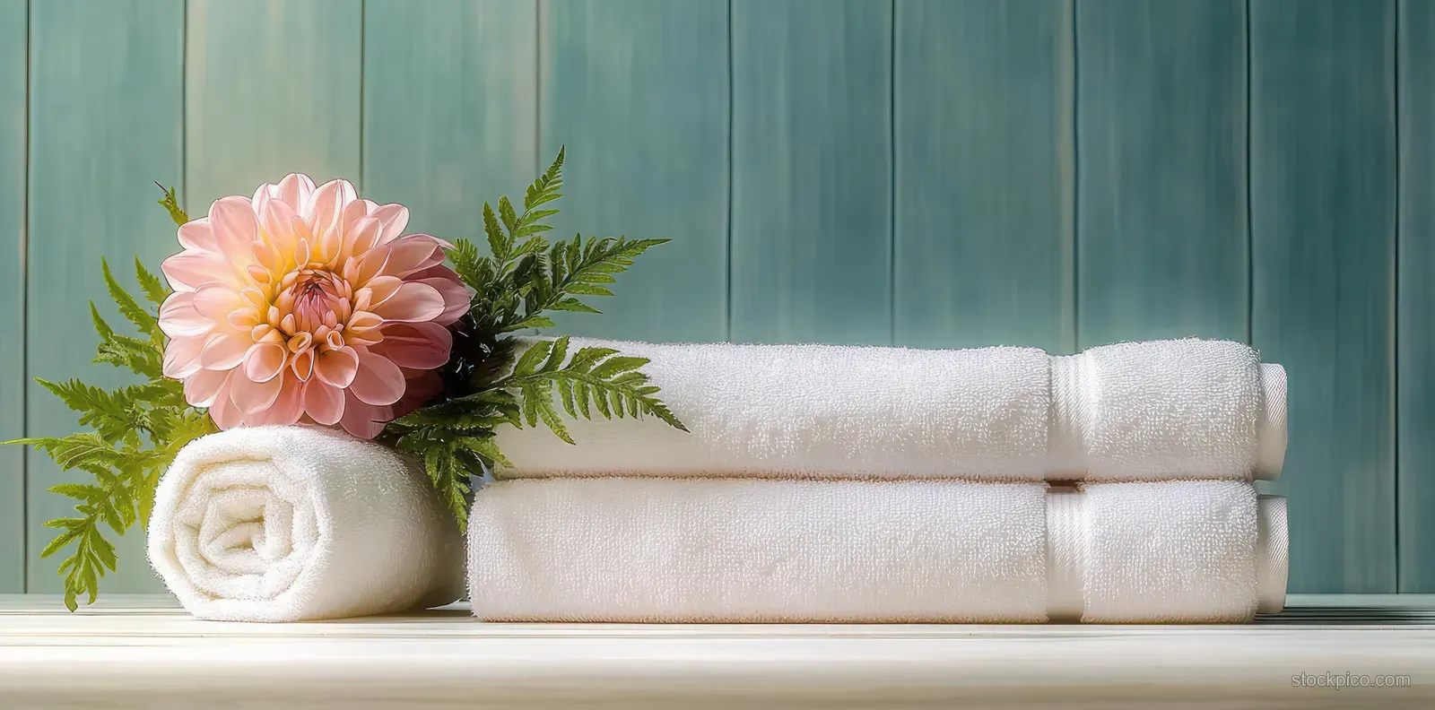 Stacked rolled white towels with a pink dahlia and green fern leaves on a light wooden surface against teal panels.