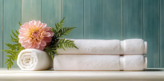 Stacked rolled white towels with a pink dahlia and green fern leaves on a light wooden surface against teal panels.
