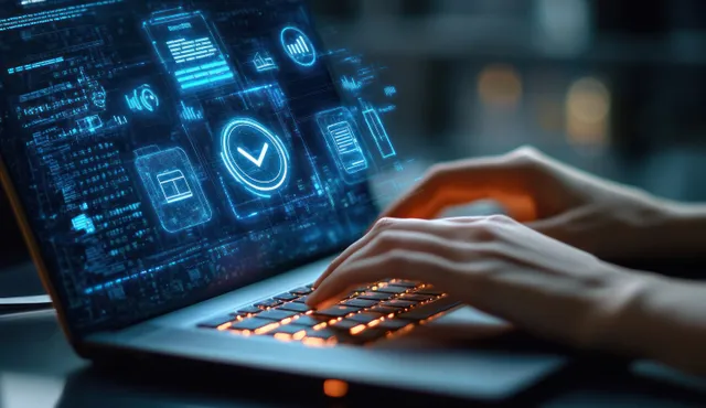Hands Typing on Laptop with Floating Online Learning Interface