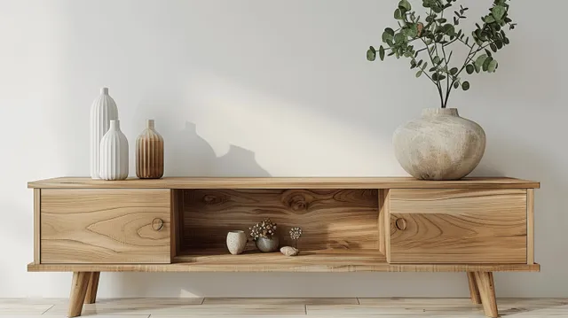 Light wood sideboard with vase, plants, and small decor against minimal white wall