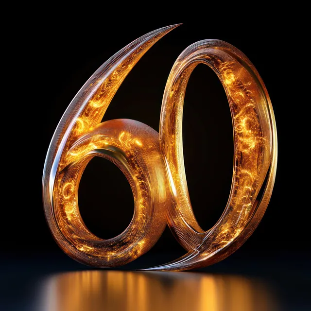 Glowing amber gold number 60 on dark reflective surface with intricate internal light