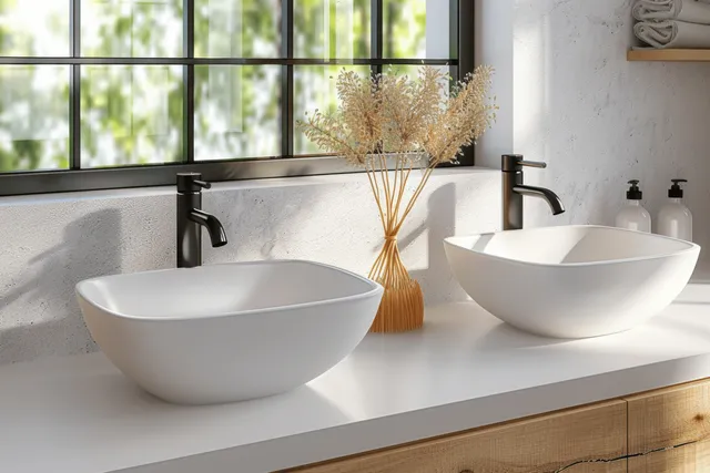 Minimalist bathroom with a double sink wooden vanity, modern chrome faucets, bright lighting, and a reed diffuser.