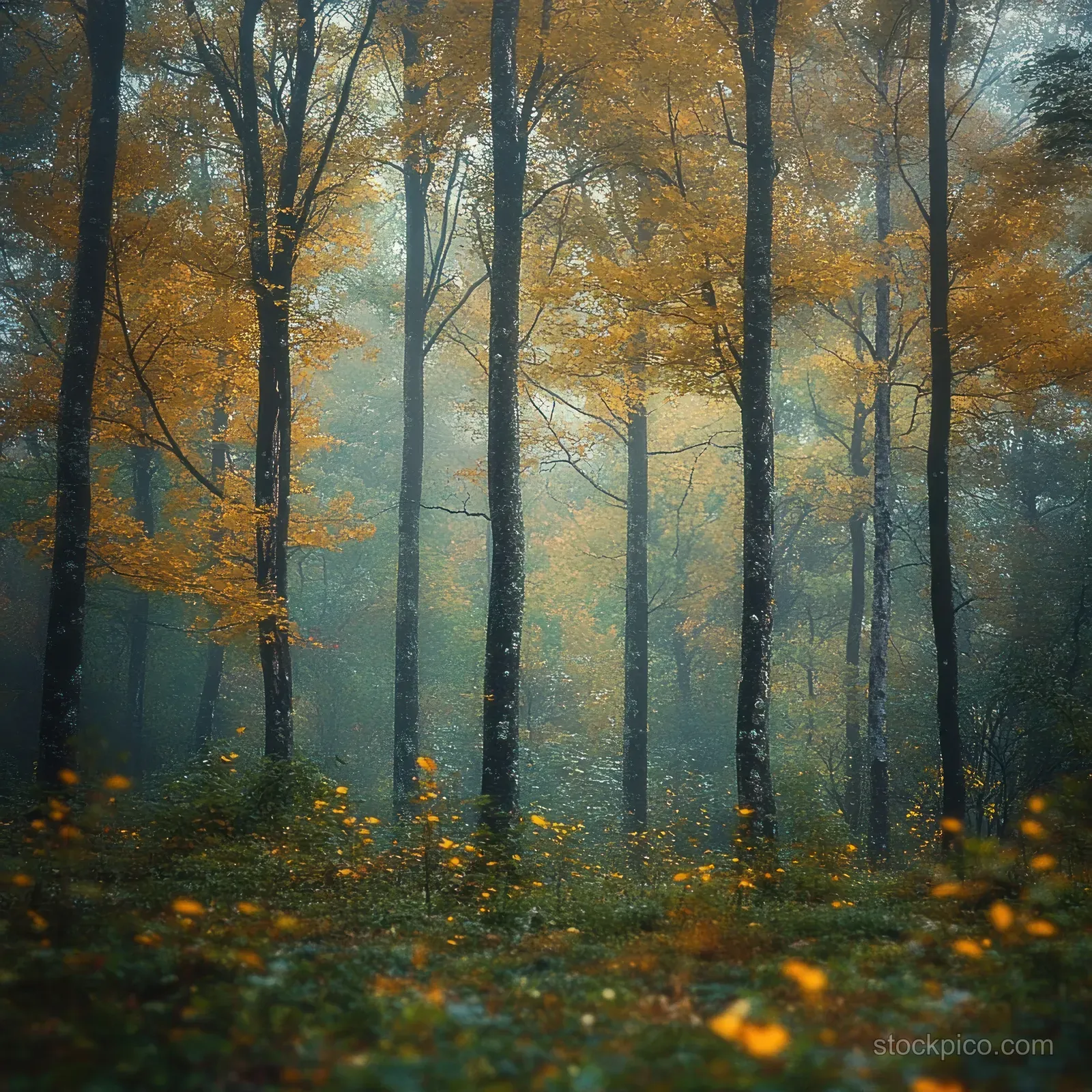 Misty autumn forest with tall trees, golden leaves, and soft fog filling the woodland between trunks.