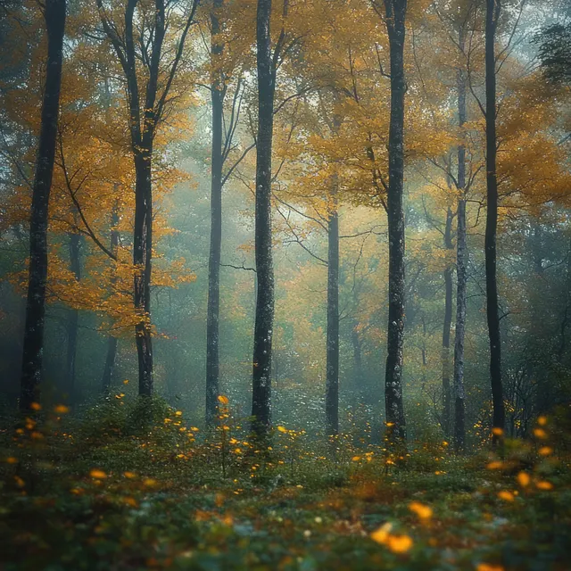 Misty autumn forest with tall trees, golden leaves, and soft fog filling the woodland between trunks.
