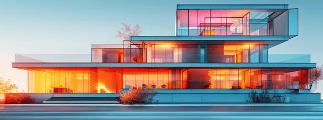 Futuristic transparent house model with glowing glass sections and blueprint-like holographic projection over the facade.