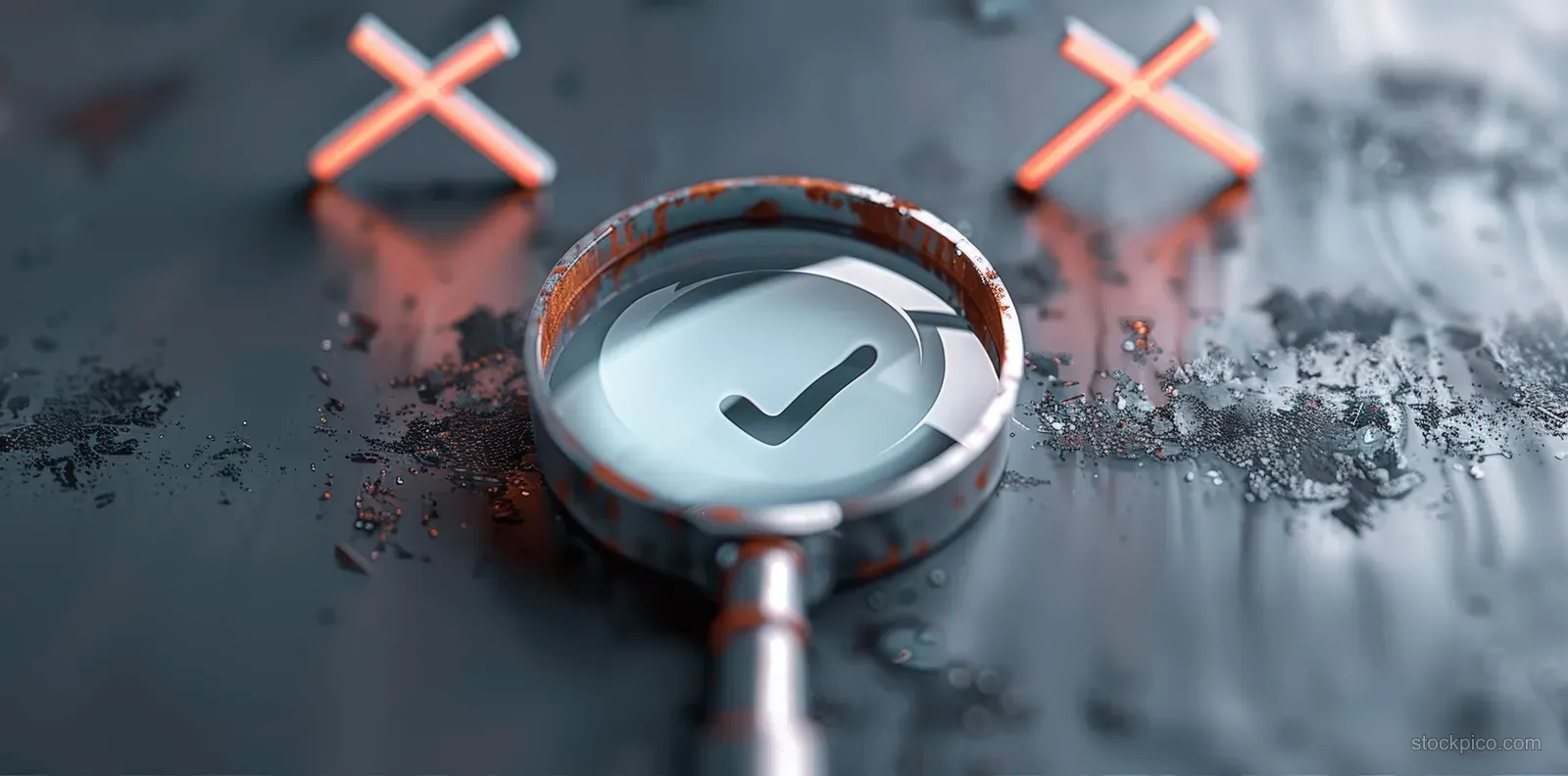Magnifying glass enlarges a check mark beside cross and checklist icons on a frosted grey surface.