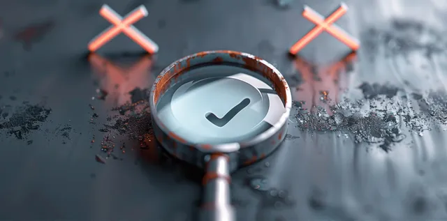 Magnifying glass enlarges a check mark beside cross and checklist icons on a frosted grey surface.