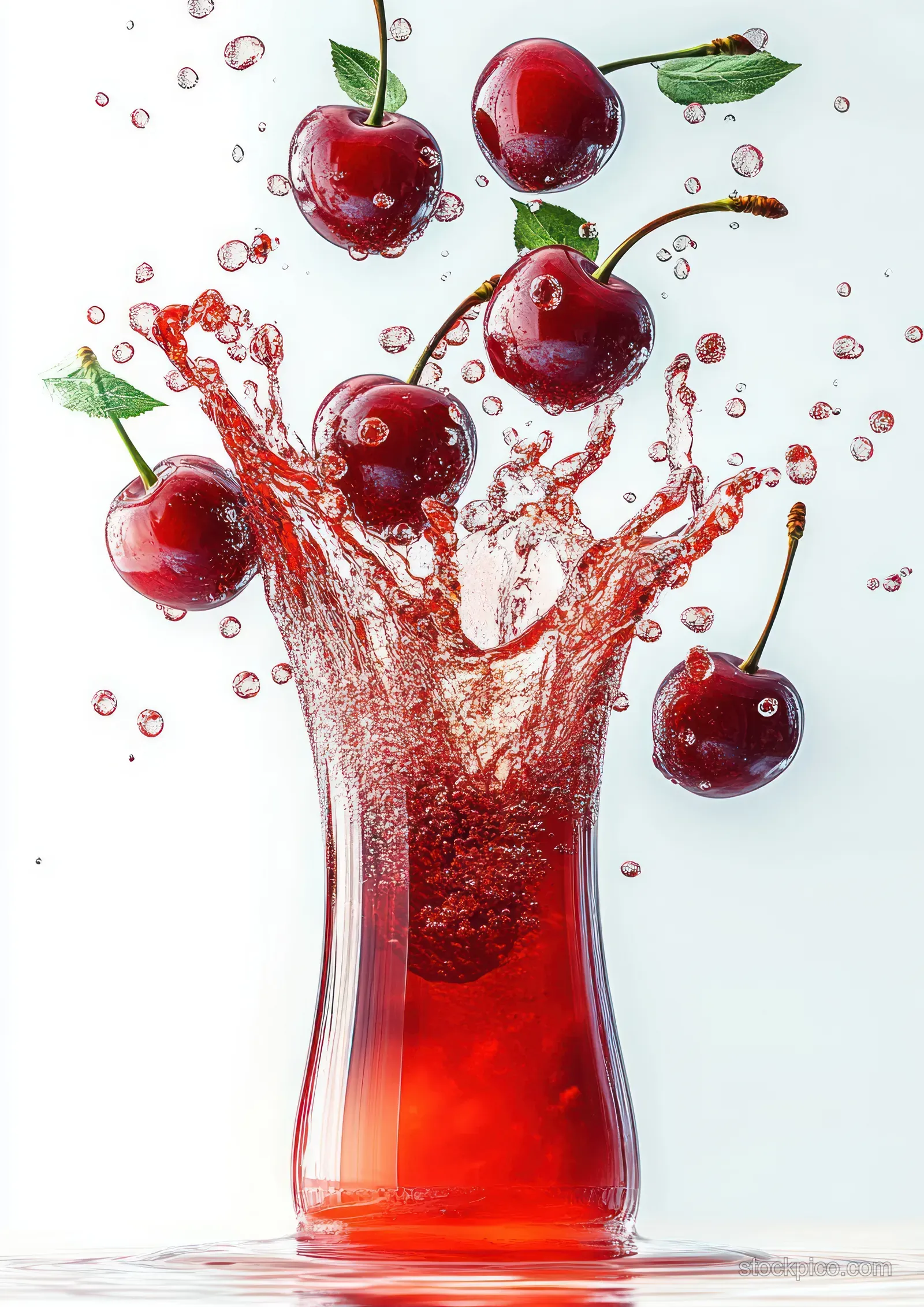 Red cherry juice splashes upward from a glass with floating cherries and green leaves on a white background.