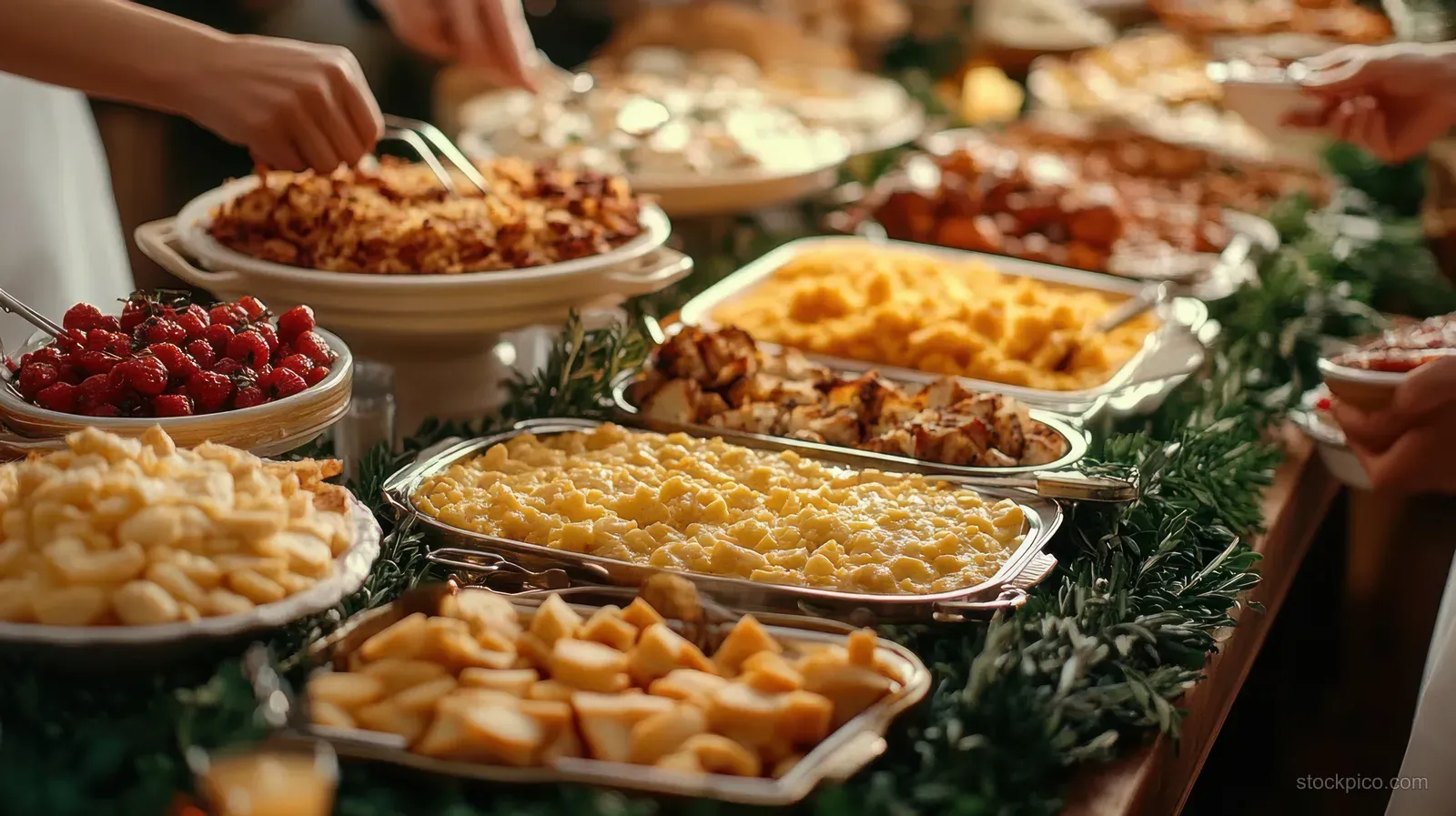 People reach across a self-serve buffet table filled with macaroni, roasted chicken, potatoes, and strawberries.