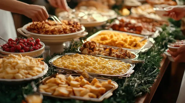 People reach across a self-serve buffet table filled with macaroni, roasted chicken, potatoes, and strawberries.