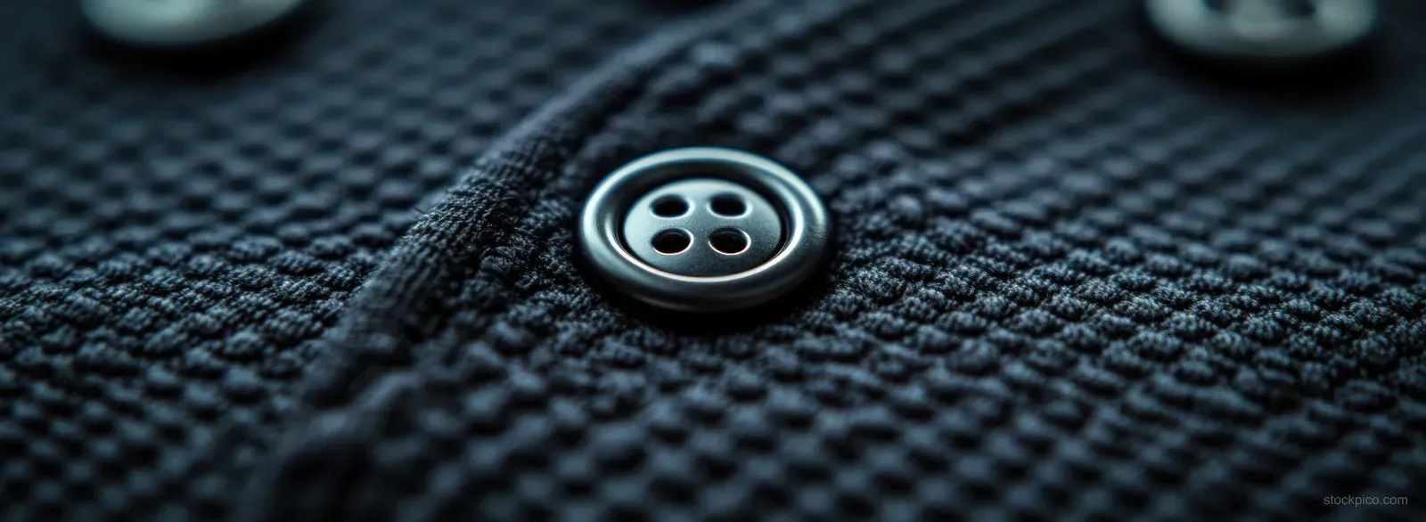 Close-up of a black baseball jersey fabric texture with a visible button and contrast trim stitching.