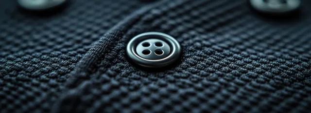 Close-up of a black baseball jersey fabric texture with a visible button and contrast trim stitching.