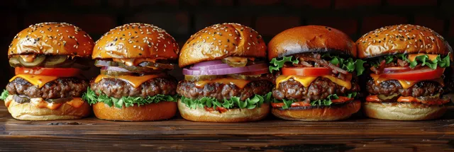 Several cheeseburgers with sesame buns and melted cheese lined up on a dark wooden table.