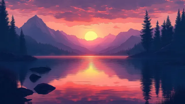 Sunset over calm lake with mountain silhouettes and glowing reflection in minimalist illustration style