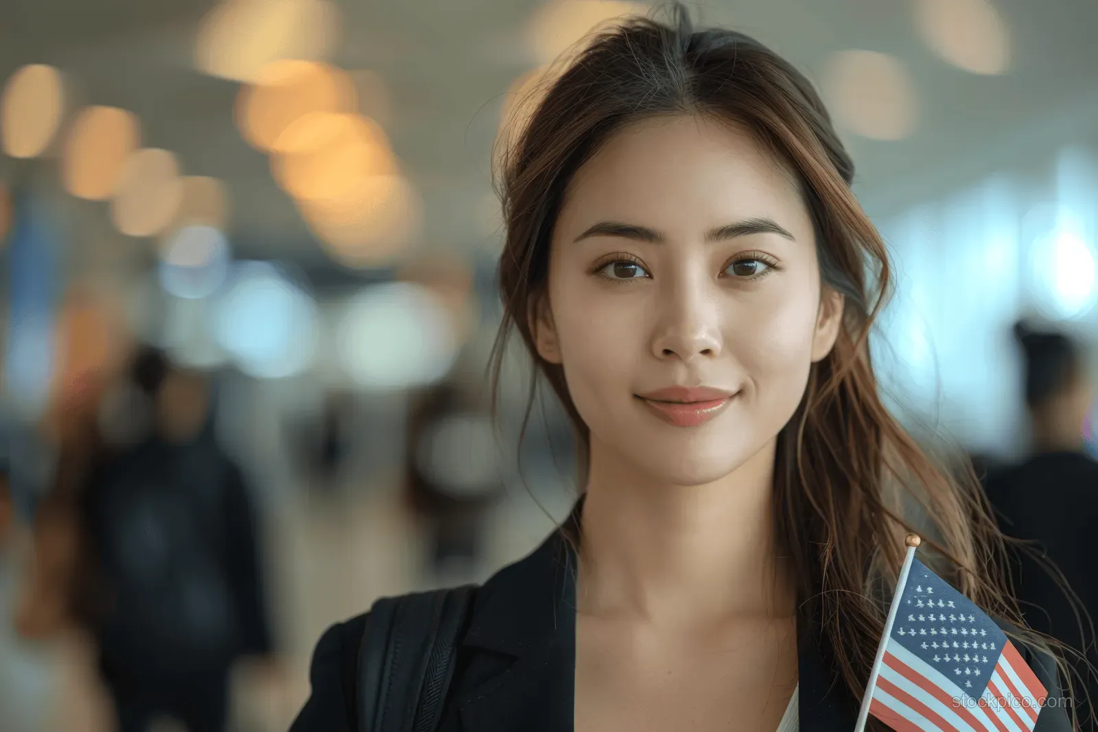 Smiling young woman holding a small American flag indoors with blurred lights in the background.