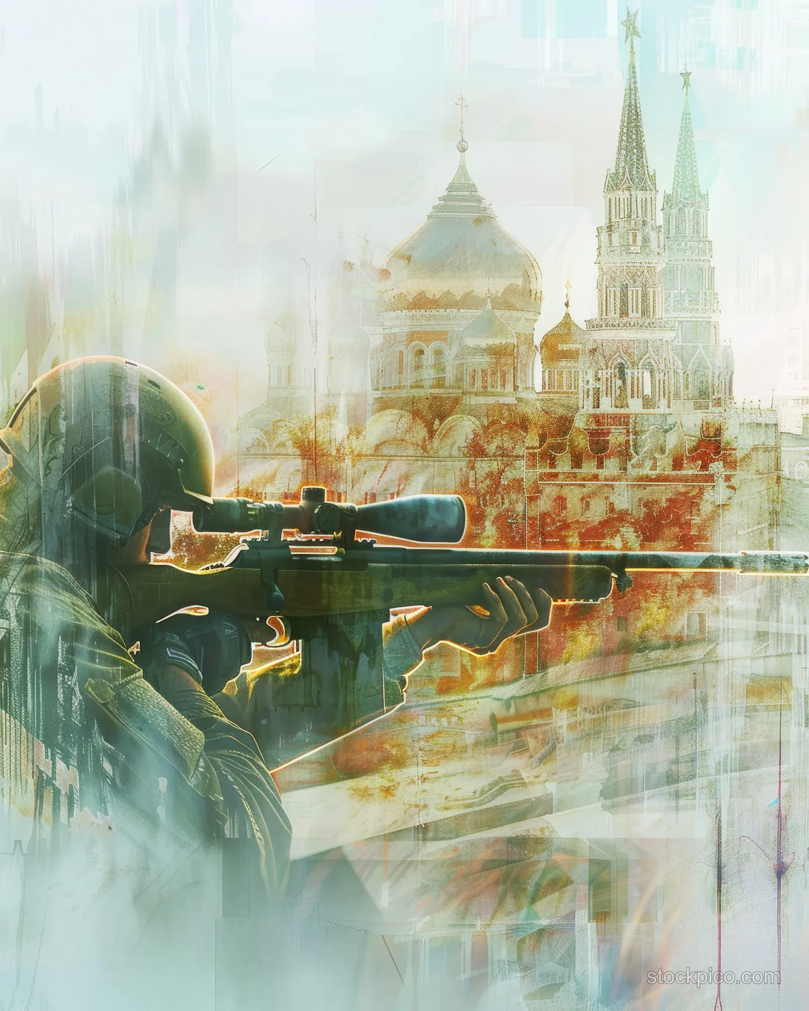 A prone rifle shooter aims at a 50m target with layered Russian landmark artwork and soft motion blur.