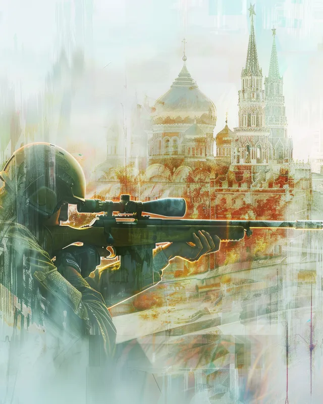 A prone rifle shooter aims at a 50m target with layered Russian landmark artwork and soft motion blur.