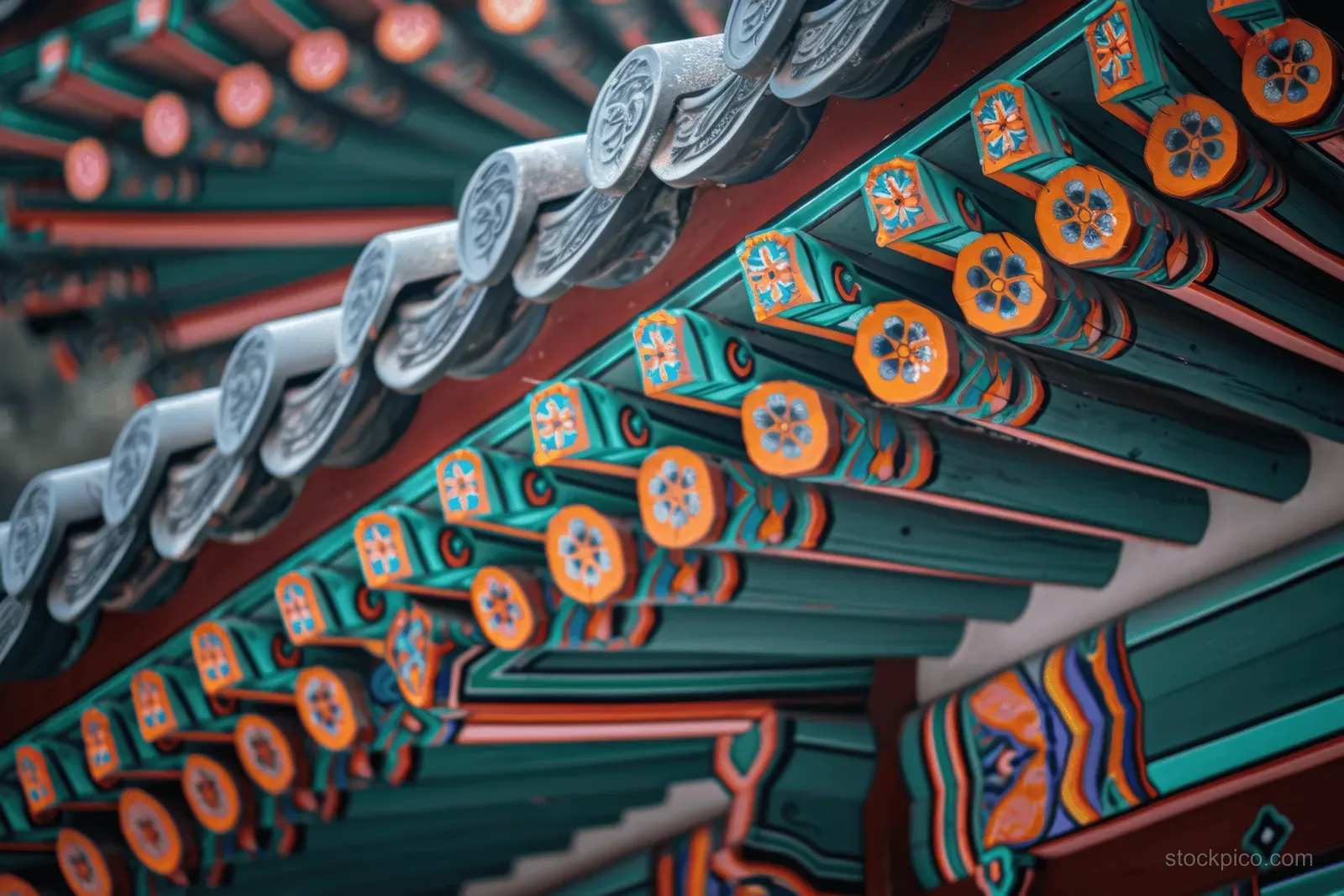 Close-up of a Korean temple roof eave with colorful carved patterns and painted wooden brackets.