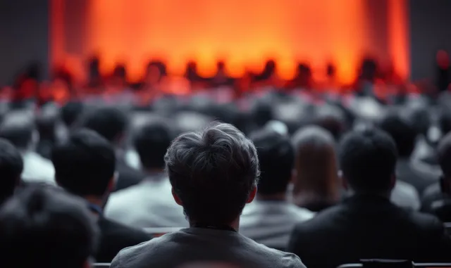 Defocused speaker at business seminar with attentive audience seats in auditorium lighting