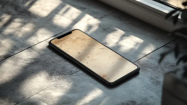 A minimalist smartphone with a blank white screen lies on a concrete floor under soft sunlight shadows.