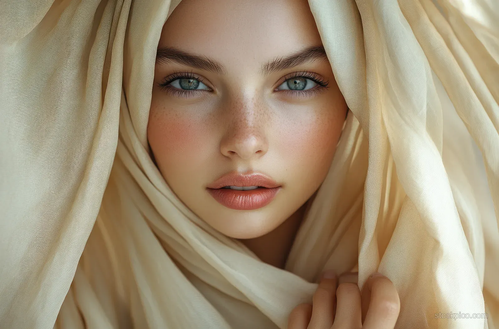 Close-up portrait of a woman wearing a soft beige hijab with a calm expression.